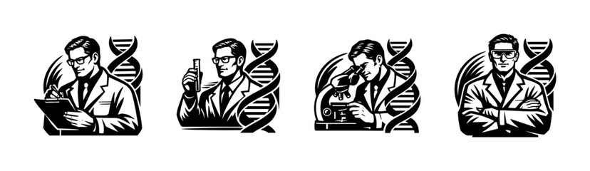 Obraz premium Scientists in lab coats conduct research with DNA and microscopes