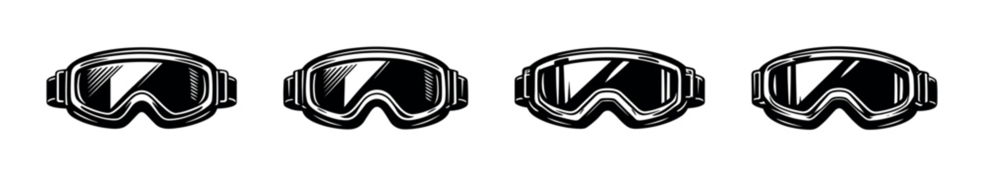 Set of four vintage ski goggles in a row, black and white illustration