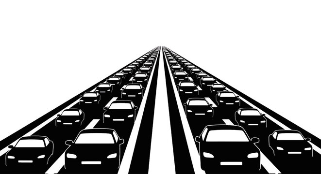 Vector illustration of traffic jam on a highway with many cars moving in two directions on a transparent background