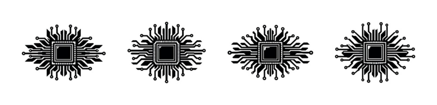 Set of four stylized black computer microchip icons on a white background