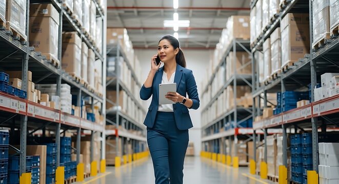 Businesswoman talking on phone in modern warehouse organizing inventory and logistics