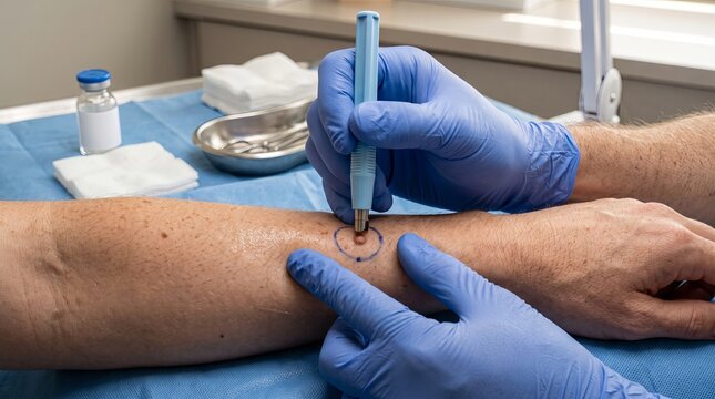 Doctor marking and preparing benign skin lesion on forearm for minor procedure under clinical