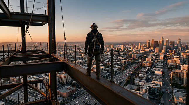 Construction worker standing on high steel beam at sunset.