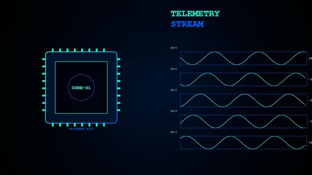 A digital model alignment interface displays periodic wave oscillations on multiple channels while glowing neon green computer processor symbols flicker within the dark virtual system environment