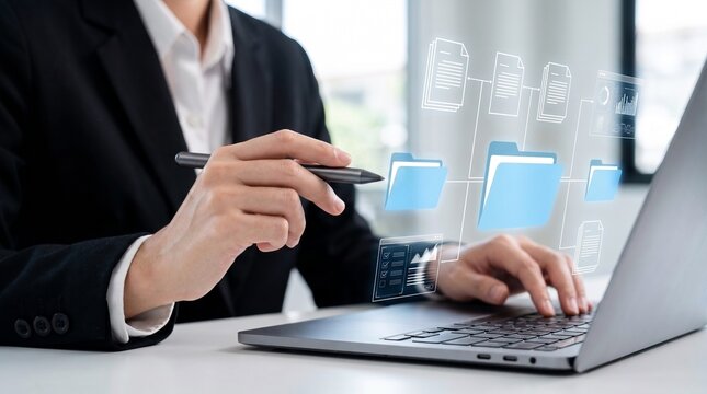 digital document management system for online file organization and business data control. professional workspace featuring virtual folders, document tracking, and cloud-based record management

