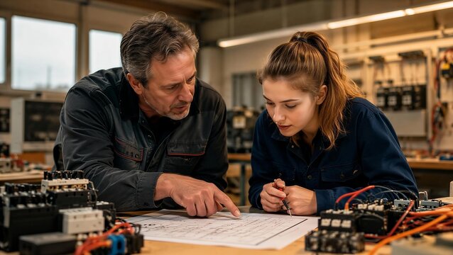 Senior Engineer Mentoring Female Apprentice on Electrical Circuit Blueprint in Workshop