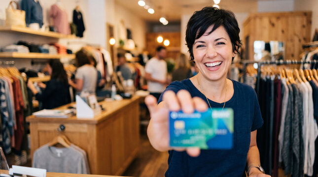 Smiling woman holding out credit card while shopping in clothing store