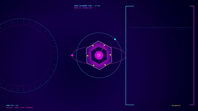 A digital model alignment interface displays rotating geometric hexagonal elements with vibrant neon glowing lights in a dark virtual grid environment showing motion capture tracking movement