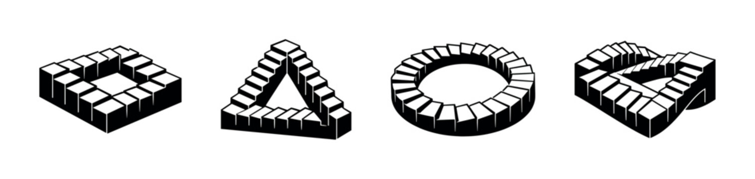 Collection of impossible geometric shapes and optical illusions in black and white