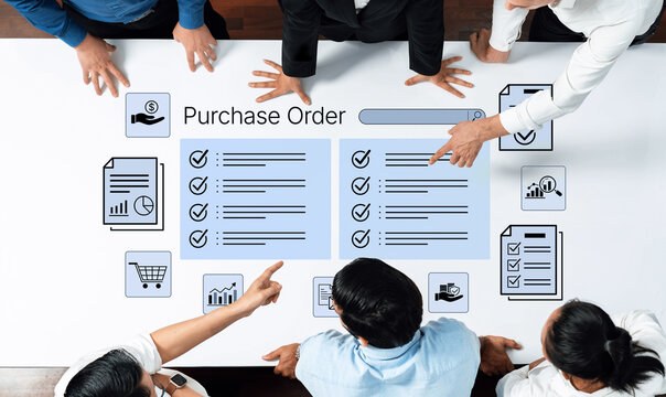 Collaborative Office Meeting on Purchase Order Process with Graphs, Checklists, and Icons on Digital Tablet for Business Analysis and Planning. Bitwise.