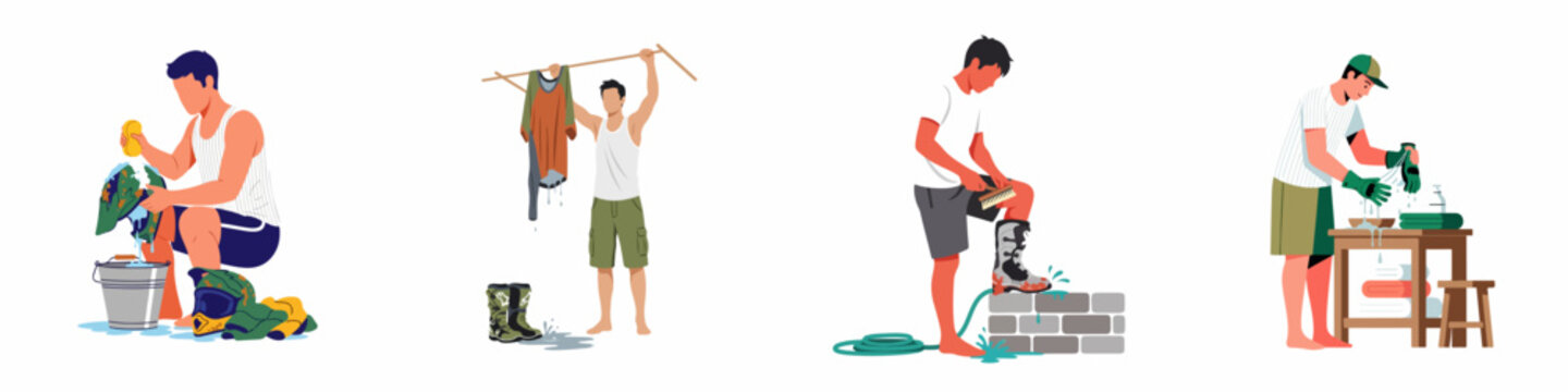 Flat vector illustration set of men cleaning dirty motocross gear, washing jerseys, scrubbing boots, and rinsing gloves after an off-road race.