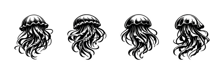 Four detailed black and white jellyfish illustrations in a row © UnIcons