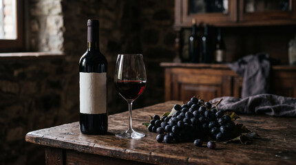 Obraz premium Red wine bottle and glass with fresh grapes on rustic table