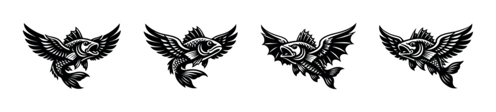 Collection of four stylized black and white flying fish emblems with spread wings