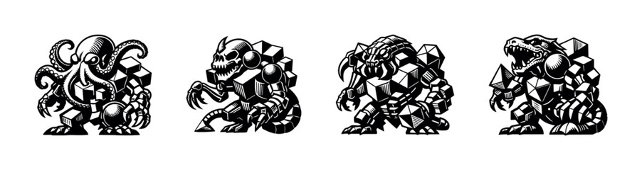Fototapeta premium Four distinct fantasy monsters with geometric armor and sharp claws