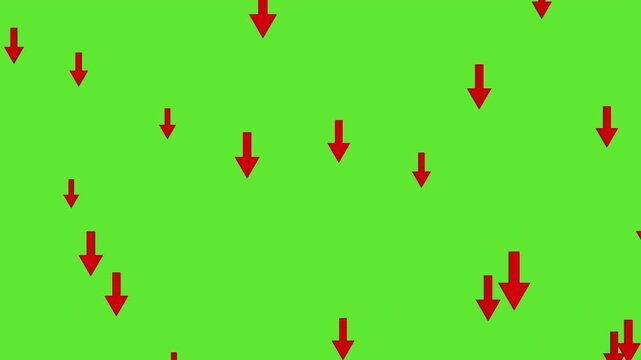 Downward moving red arrows on green screen key backdrop representing economic decline, crisis navigation, and stock market crash.