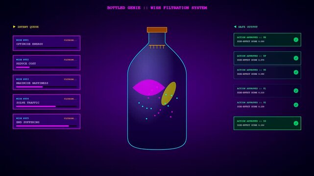 Model alignment progress is visualized through a glowing virtual bottle interface where digital data packets flow into organized lists across a dark purple illuminated screen
