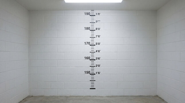 Black measuring height chart painted clearly on a white brick wall in a booking room
