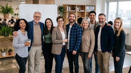 Obraz premium Diverse group of smiling colleagues standing together in a modern office environment