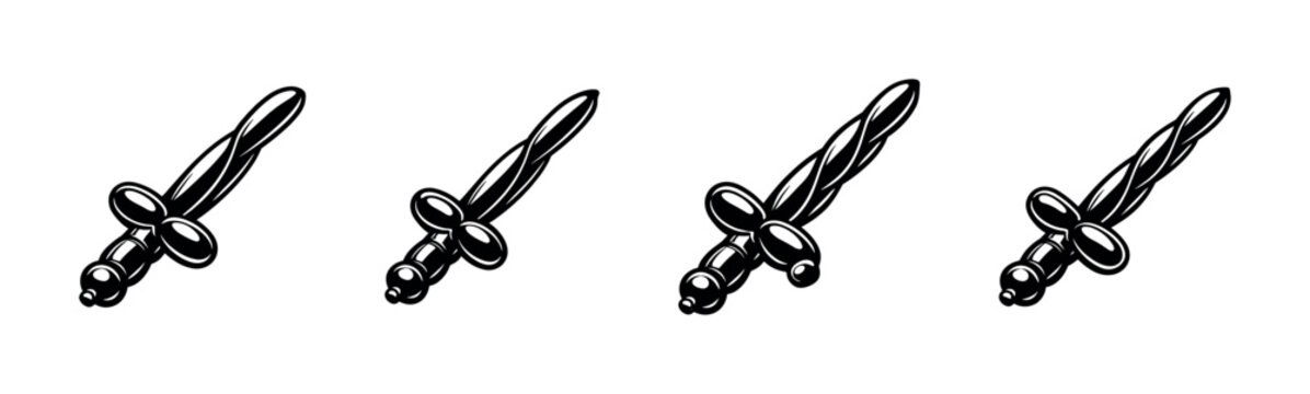 Four identical balloon swords arranged in a row on a white background