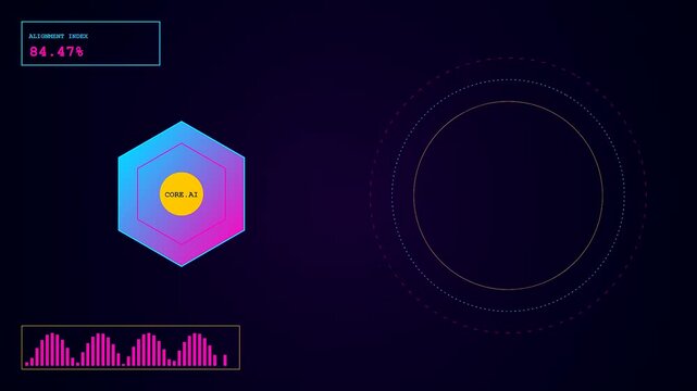 A model alignment sequence featuring animated hexagonal shapes and flickering wave patterns displayed upon a dark blue digital interface for modern software development and monitoring applications