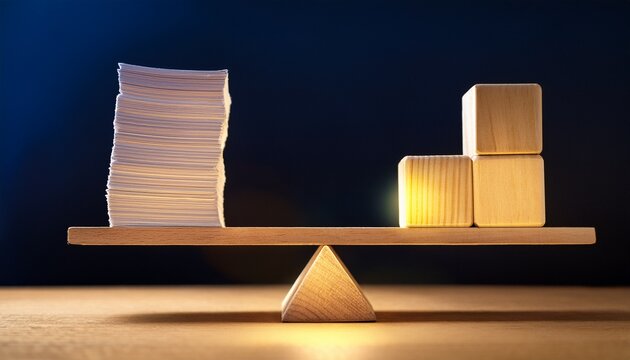 glowing cube above balance scale over stack of paper and wood block symbolizing risk and fairness