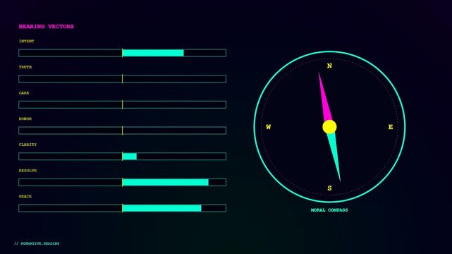 A digital model alignment interface with glowing cyan bar graphs and moving compass needles shifting across three distinct screen frames on a deep black background