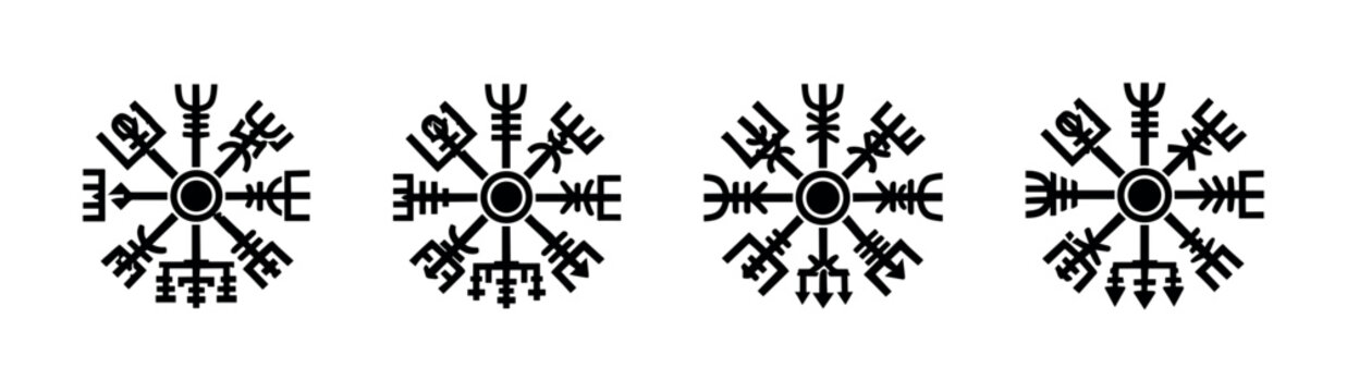 Four black Viking compass symbols on a white background, representing navigation and protection