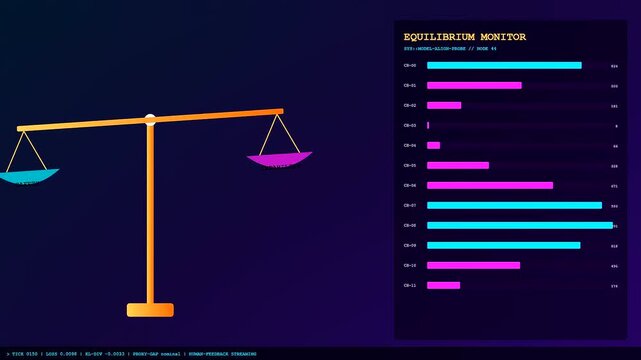 Model alignment visual representation featuring a golden scale tilting across a digital monitor displaying glowing neon bar charts within a dark atmospheric computing laboratory environment