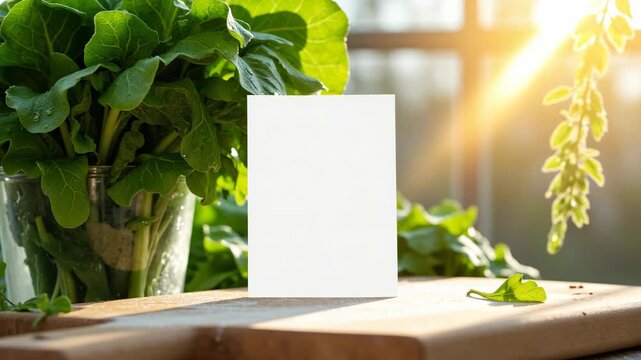 White box standing next to green plants on a wooden surface, with sunlight streaming through the leaves