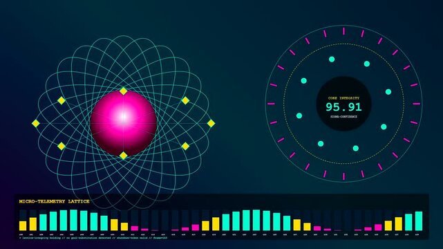 Model alignment visualizations showing glowing pink energy spheres within rotating orbital rings and pulsing bar graphs displaying shifting numeric data metrics on a dark glowing display