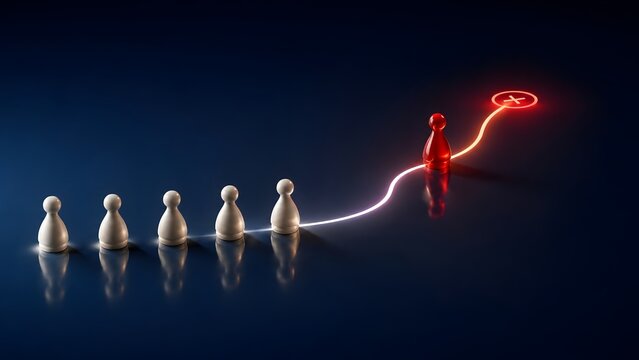 Outstanding red pawn chess piece reaching glowing checkmark target leaving white pawns behind concept of business success and unique talent