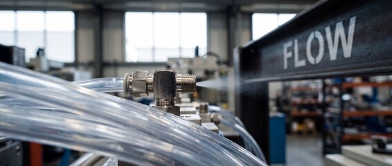 Fototapeta premium Industrial spray nozzle water mist spraying in modern factory workshop with transparent plastic tube connected to stainless steel fittings under a flow sign, precision pressure engineering machinery.