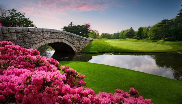 pink azalea flowers bloom near a scenic golf course with a stone bridge over water lush green grass and trees create a beautiful park landscape for recreation