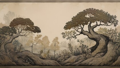 vintage trees forest drawing european antique wallpaper mural