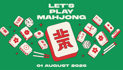 Colorful mahjong tiles arranged on a vibrant green background poster design