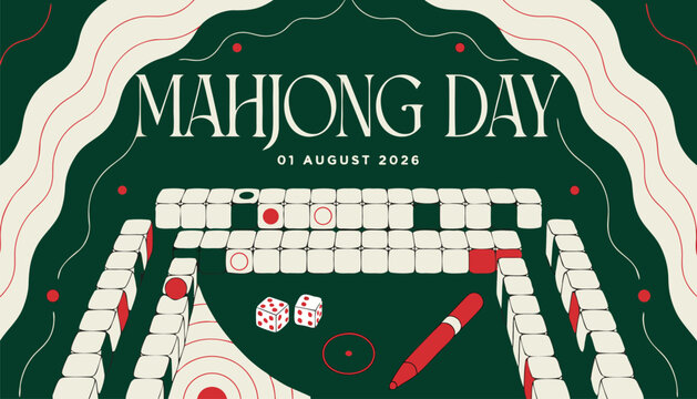 Decorative mahjong day card featuring elegant tiles and festive board graphics