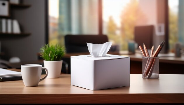 white tissue box on wooden office desk with coffee mug and stationery in blurred background
