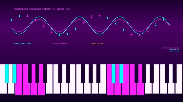 a model alignment animation features undulating sine waves flowing above a digital piano keyboard with vibrant purple lighting and shifting data points across three frames
