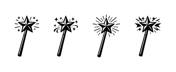 Collection of four stylized magic wands with sparkling stars at the tips © Compositor 