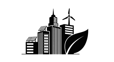 Obraz premium Vector illustration of eco friendly city icon with solar panels and wind turbine on a transparent background