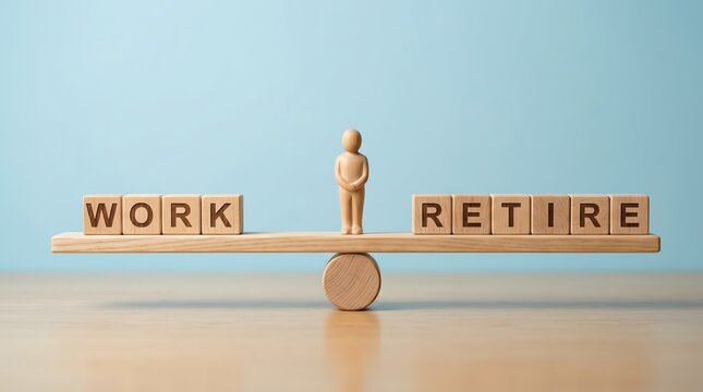Wooden figure on a balance plank between work and retirement spelling blocks for life stability