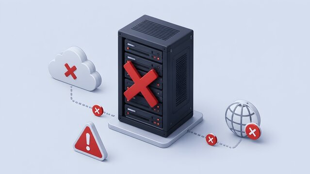 Cloud server failure concept with red error mark, offline network icons, and modern data infrastructure problem