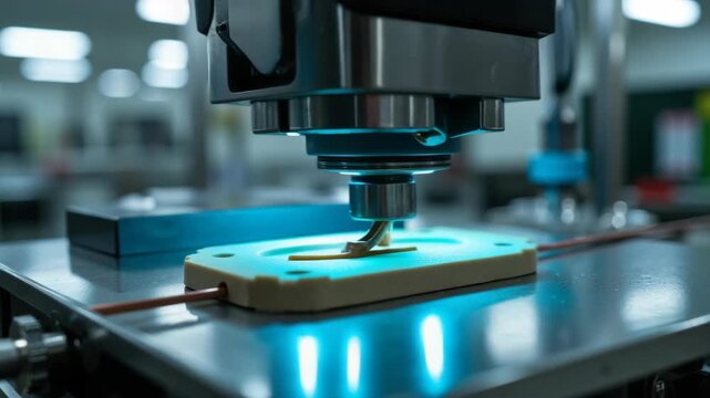 A robot arm with a needle is carefully working on a circuit board. High-tech industrial environment.