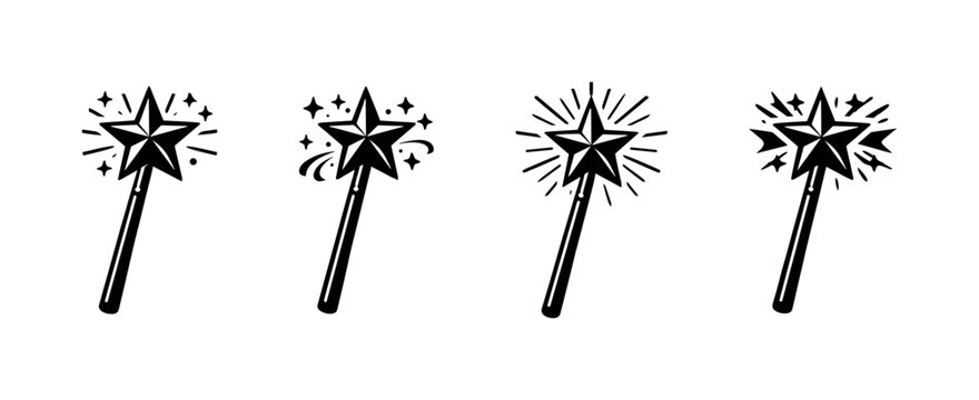 Collection of four stylized magic wands with sparkling stars at the tips