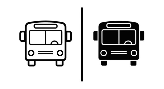 Vector illustration of bus front view icon set, outline and solid style vector illustration on a transparent background
