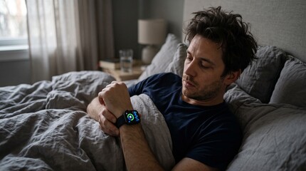 Fototapeta premium Man Wakes Up In Bed Checking Smartwatch For Time And Health Data