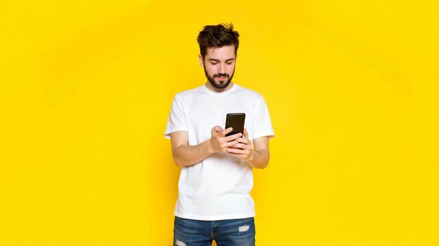 A man in a white t-shirt and blue jeans is checking his phone against a bright yellow backdrop.