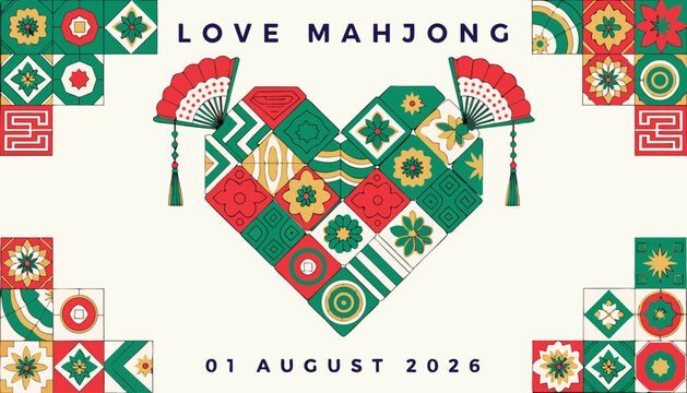 Decorative heart shape composed of colorful traditional mahjong tile patterns