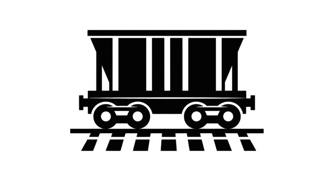 Vector illustration of black silhouette of a freight train hopper car on railroad tracks on a transparent background